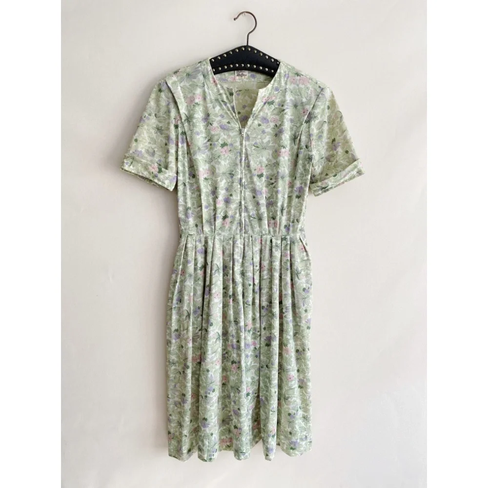 Vintage 1960s/50s Shelton Stroller Green Floral Belted Circle Skirt Dress M/L - Picture 4 of 15